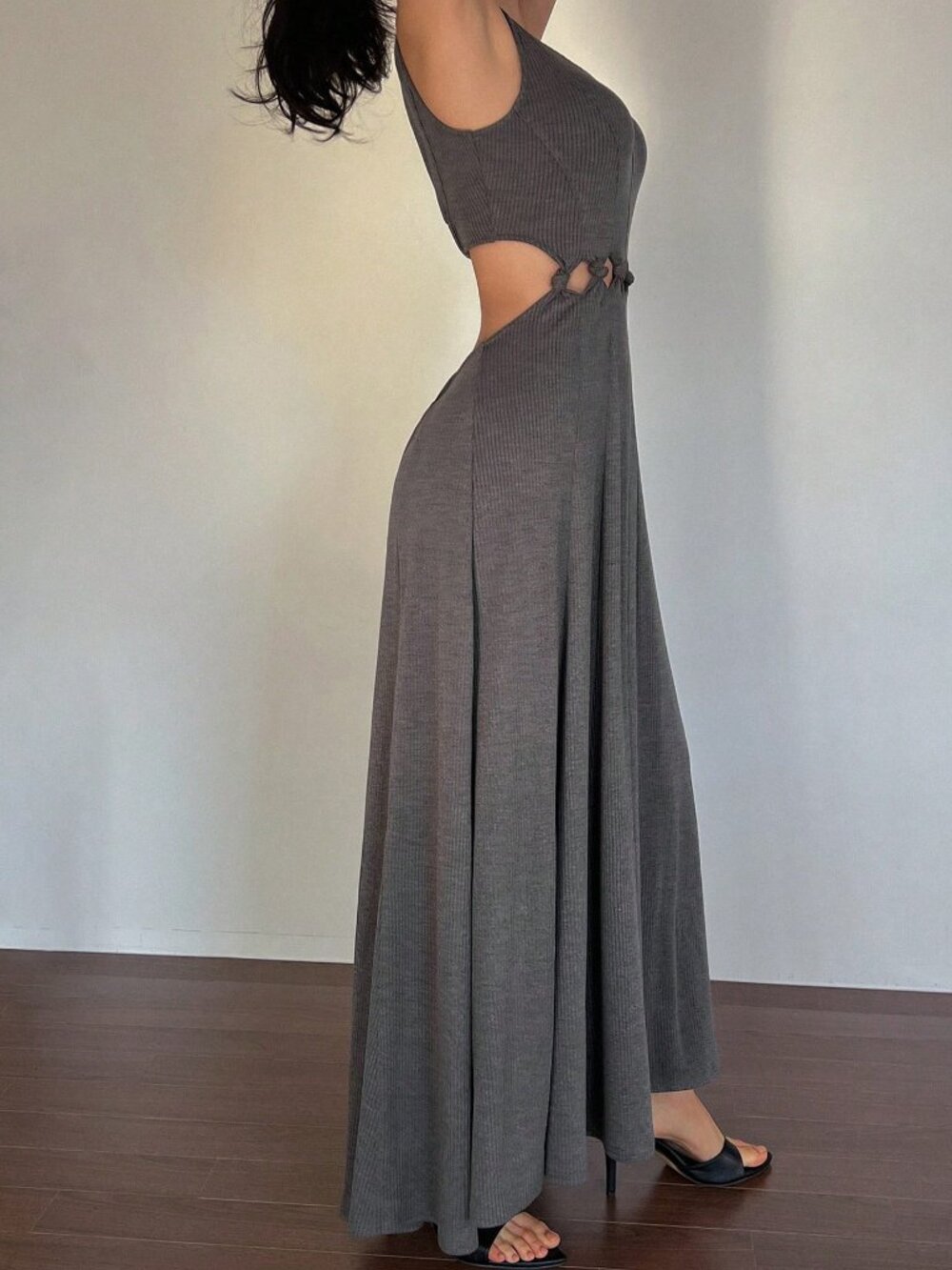 Grey Casual Women's Strap Hollow Back V-Neck Dress - Picture 5 of 5